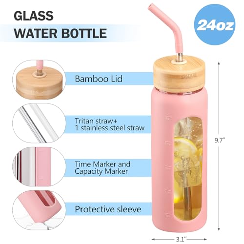 24oz Glass Water Bottle with Straw and 2 Lids (Pink / 24 Ounces)