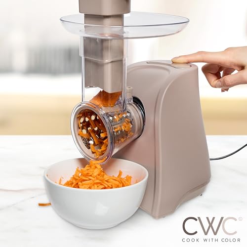 5-in-1 Electric Slicer, 150W Food Prep Machine – Parmesan Shredder, Fine & Coarse Graters, Potato Grater, Vegetable Slicer, Compact Design for Bowl Prep, Warm Grey (Warm Grey)