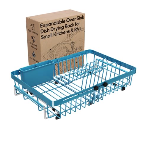 Blue Expandable Dish Drying Rack Over The Sink with Anti Slip Grip (Blue / For 13-30" W Sink)