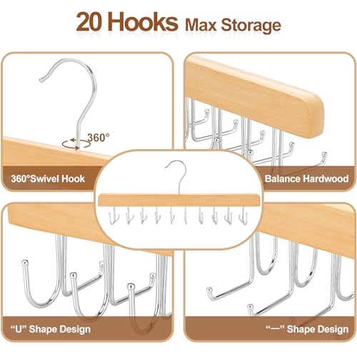 2 in 1 Belt Tie Hanger for Closet Max 30 Belts with 30 Ties Capacity (Natural)