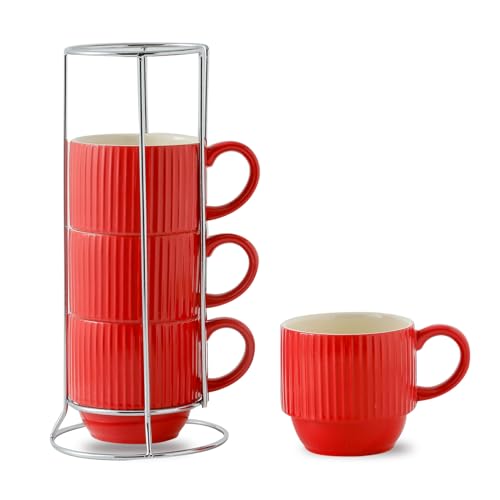 12 Oz Coffee Mugs Set of 4 with Rack (Red / 12 Ounces)