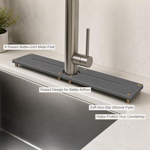 2PCS Stone Faucet Mat for Kitchen Sink (24"x 4" - Dark Gray - Gold)