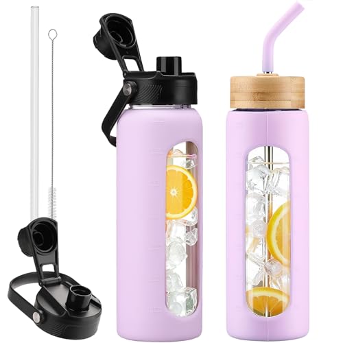 24 oz Glass Water Bottle with Straw and 2 Lids (Light Purple / 24 Ounces)