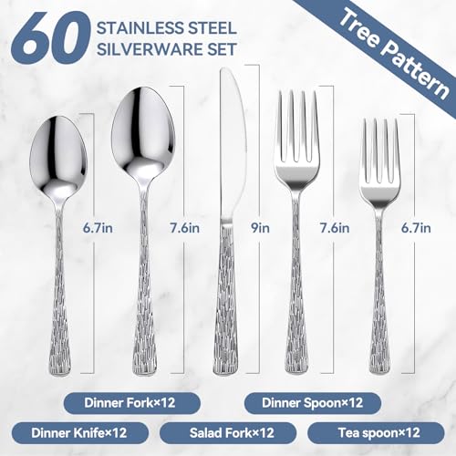 60Piece Hammered Silverware Set (60Pcs Tree Pattern Handles)