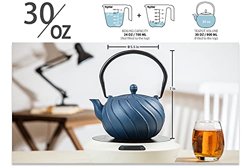 Tea Kettle TOPTIER Japanese Cast Iron Teapot with Stainless Steel Infuser (0.9 Quarts / Navy Blue)