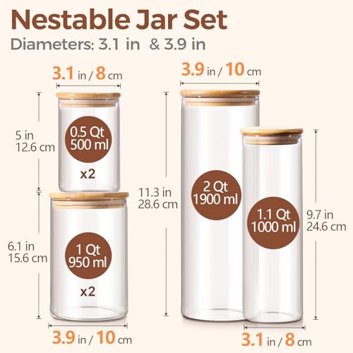 Glass Storage Jars 6 Pack (2 qt x1 + 1 qt x1 + 1 qt x2 + 0.5 qt x2)