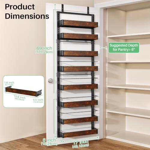 8 Tiers Wooden Over Door Organizer (Rustic Brown / 17" W x 6" D x 69" H)