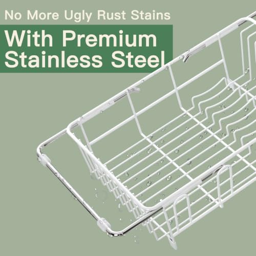 White Expandable Dish Drying Rack Over Sink with Extra Drainboard (White / For 11.5"-16" W Sink with Cup Holder & Drainboard)