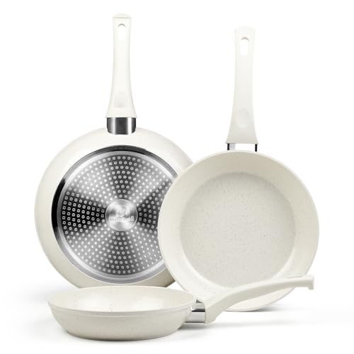 Nonstick Ceramic Frying Pans Skillets Set 8"+9.5"+11" (Cream White)