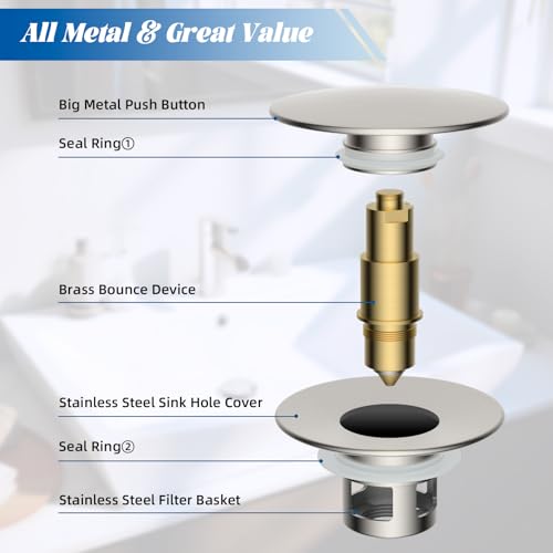 2 Pack All Metal Upgraded Bathroom Sink Stopper (Brushed Nickel)