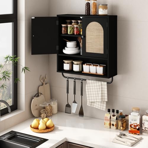 Rattan Bathroom Wall Cabinet (Black / 2 Doors)