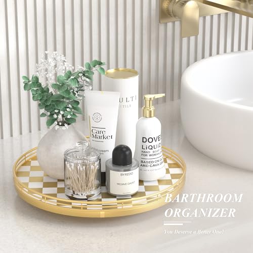 13 Inch Gold and White Checkerboard Lazy Susan with Rubberwood Base (Gold & White / 13 inches)