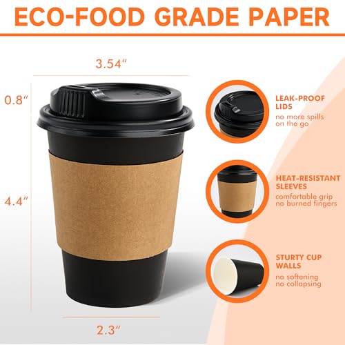 100 Pack 12 oz Disposable Coffee Cups with Lids and Sleeves (Black / 12 oz)