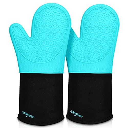Silicone Oven Mitts (Turquoise & Black / 14.6in Oven Mitts)