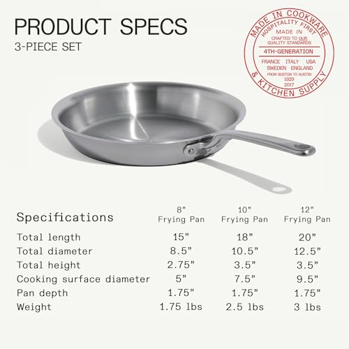 Cookware - 3-Piece (Includes 8",10",12") Stainless Frying Pan Set - 5 Ply Stainless Clad - Professional Cookware - Crafted in Italy - Induction Compatible (3-Piece Set (8", 10", 12"))
