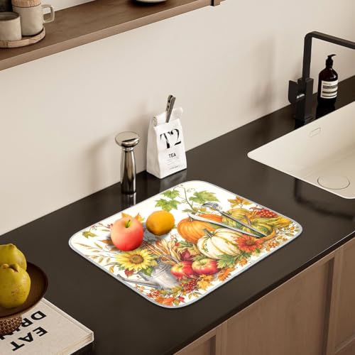 Autumn Fall Harvest Pumpkins Dish Drying Mat for Kitchen Counter Absorbent Microfiber Small Drying Pad Dish mats for Kitchen Countertops 16 x 18 Inch (Thanksgiving Harvest Pumpkins / 18" x 16")