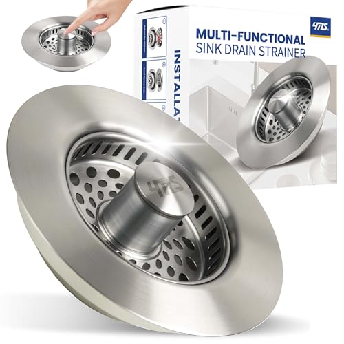 5-in-1 Stainless Steel Sink Aid, Kitchen Sink Drain Strainer Food Catcher, Popup Kitchen Sink Stopper & Odor Filter, Kitchen Sink Strainer Accessories with Drain Basket (Classic Brushed) (Classic Brushed)