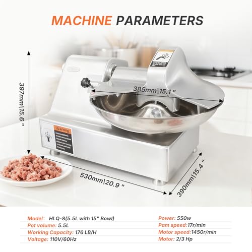 Hakka Commercial 5.5 L Multifunction 15in Meat Bowl Cutter Mixer and Buffalo Chopper Food Processor Heavy Duty Food Mixing Meat Grindering Meat Chopping Machine (5.5 L Stainless Steel)
