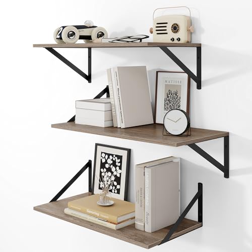 24W x 12D Deep Floating Shelves Set of 3 Grey (Grey With Black Metal Bracket / 24wx12dx5.8h)