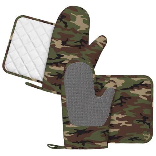 Camouflage Oven Mitts and Pot Holders Set of 4 Silicone Camo Kitchen Mitten Gloves and Non