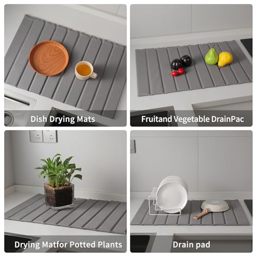 Stone Dish Drying Mat with PU Leather Surface for Kitchen Counter (Medium Gray / 24.8" x 15.7")
