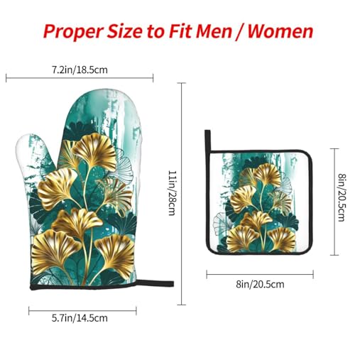Teal Gold Green Leaves Oven Mitts and Pot Holders Set of 3 (Green Leaves)
