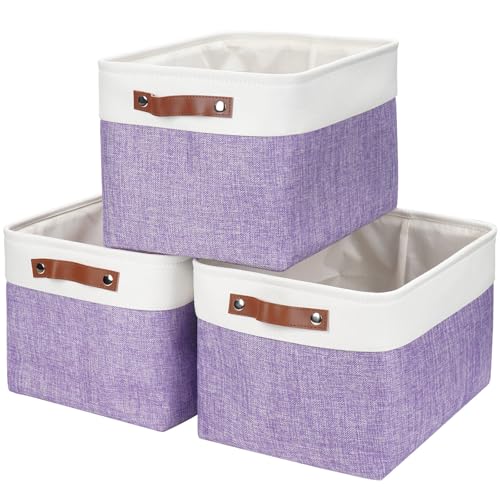 Storage Bins Large Fabric Storage Baskets for Shelves 3 Pack (Purple / Off-White / Large -15"x11"x9.5")
