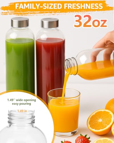 Clear Glass Water Bottles with Stainless Steel Lids 32 oz