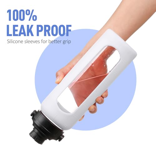 32oz Glass Water Bottle with Straw and 2 Lids (White / 32 Ounces)
