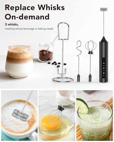 3-in-1 Electric Milk Frother with Stand, Rechargeable LED Display & 3 Speeds - Portable Whisk for Coffee, Protein Shakes, Baking - Makes Latte, Cappuccino, Matcha Foam -Blk (Rechargeable with stand) (black-5)