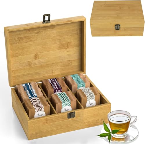 Tea Organizer Box Food Safe Chemical Free Bamboo Storage Chest Tall (6-Slot Rectangular / Solid Bamboo)