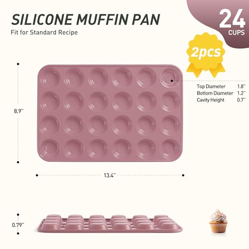 2 Pack 24 Cups Mini Muffin Pan with Metal Reinforced Frame Silicone Molds Cake Pans Egg Bites Silicone Circle Cookie Molds Muffin Tin Tart Pans Non Stick Toxic Oven Safe Baking Sheet Set (2pc: 24-Cup Mini / Morandi Pink)
