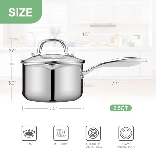Tri Ply Stainless Steel Sauce Pan with Steamer Basket & Strainer Glass Lid (2.5 Quarts)