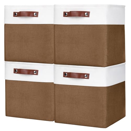 Collapsible Fabric Storage Cubes 11x11 Cube Storage Bins (Brown / Off-White / Cube - 11"x11"x11")