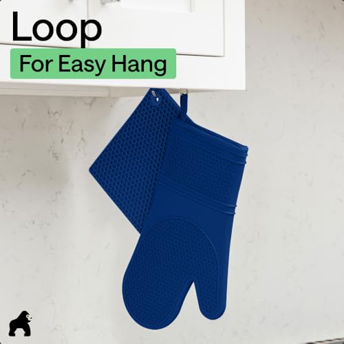 BPA Free Silicone Oven Mitts and Pot Holders Set (Blue / 12.5" Oven Mitts + 7" Trivets)