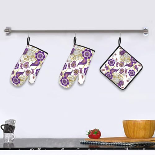Purple Flower Oven Mitts and Pot Holders Sets of 3 Kitchen Decor (3 Count)