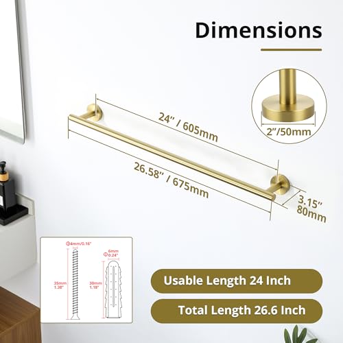 Towel Racks for Bathroom 24 Inch (Brushed Gold)