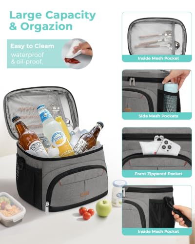 Lunch Box for Men Women Insulated Lunch Tote Cooler Bag Lunchbox (Light Grey / Large)