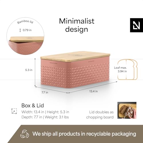 Bread Box I Metal Box for long lasting freshness I Bread Bin with bamboo lid usable as cutting board I 13.4x7.7x5.3In