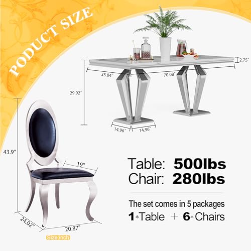7 Piece Luxury Dining Room Set (Silver White + Black / Dining Table + 6 Oval Chairs)