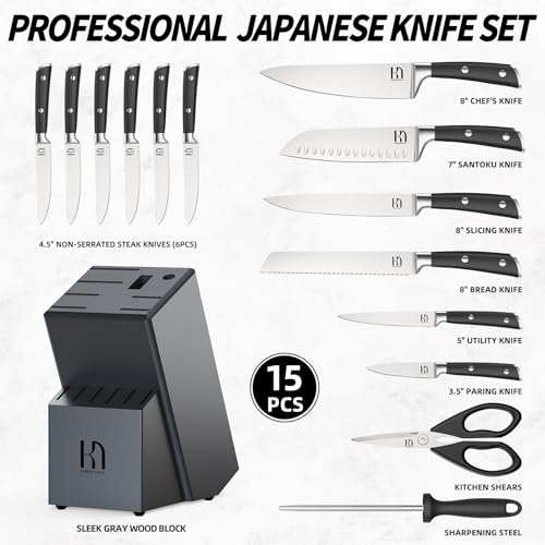 15 Pcs Japanese Knives Set for Kitchen (Gray)