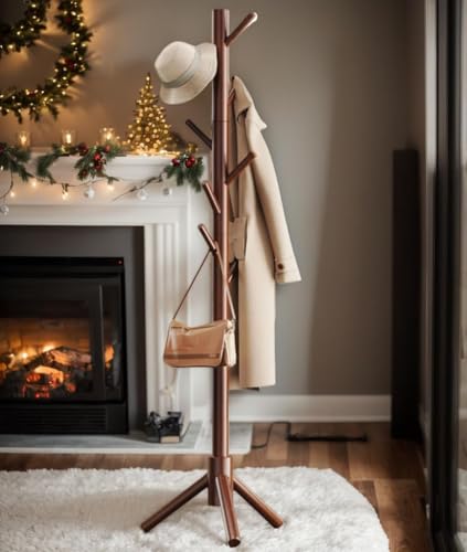 Solid Wooden Coat Rack Freestanding with 8 Hooks (Brown)