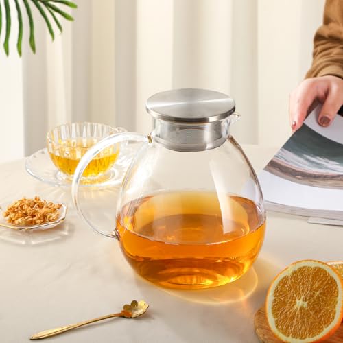 68OZ 2000ML One Touch Glass Teapot with Stainless Steel Filter Lid (68OZ (Round Bottom))