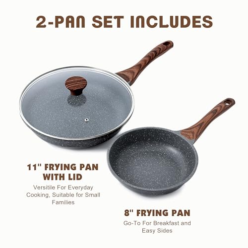 Nonstick Frying Pans (Gray / 8+11 Inch w/ Lid)