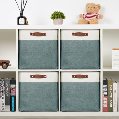 Storage Bins 4 Pack Of 13x13x13 Decorative Storage Cube Bins Suit Office (White&Dark Green / L-13"x 13"x 13")