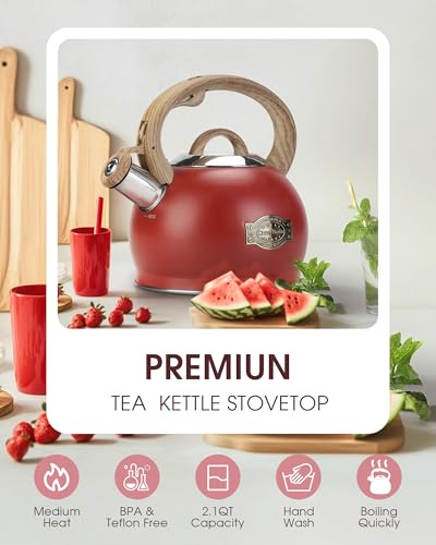 2.1 Qt Whistling Tea Kettle for Stovetop with Heat (Red)