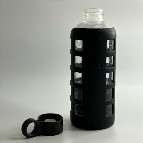 40oz / 32oz / 22oz / 12oz Borosilicate Glass Water Bottle with Time & Volume Markers, Silicone Sleeve, Stainless Steel Lid | Reusable Glass Bottle for Water & Juice (22oz Jet Black) (Jet Black (1 Count) / 22 Ounces)