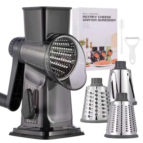 Rotary Cheese Grater with Handle Kitchen Shredder Slicer Grater Slicer Ice Shaver Cheese Vegetable Nuts Potato Zucchini Chocolate 3 Interchangeable Blades (9.06"L x 4.33"W x 9.07"H / Dark Gray)