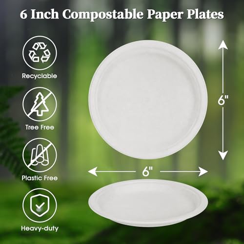 6 in 500 Pack White Disposable Compostable Dessert Paper Plates (6in-500white)