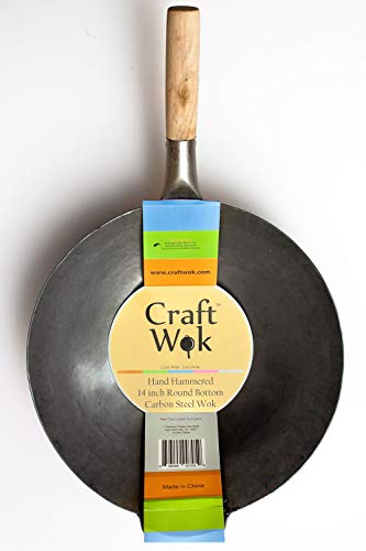 Traditional Hand Hammered Chinese Carbon Steel Wok with Wooden and Steel Helper Handle (14-in)